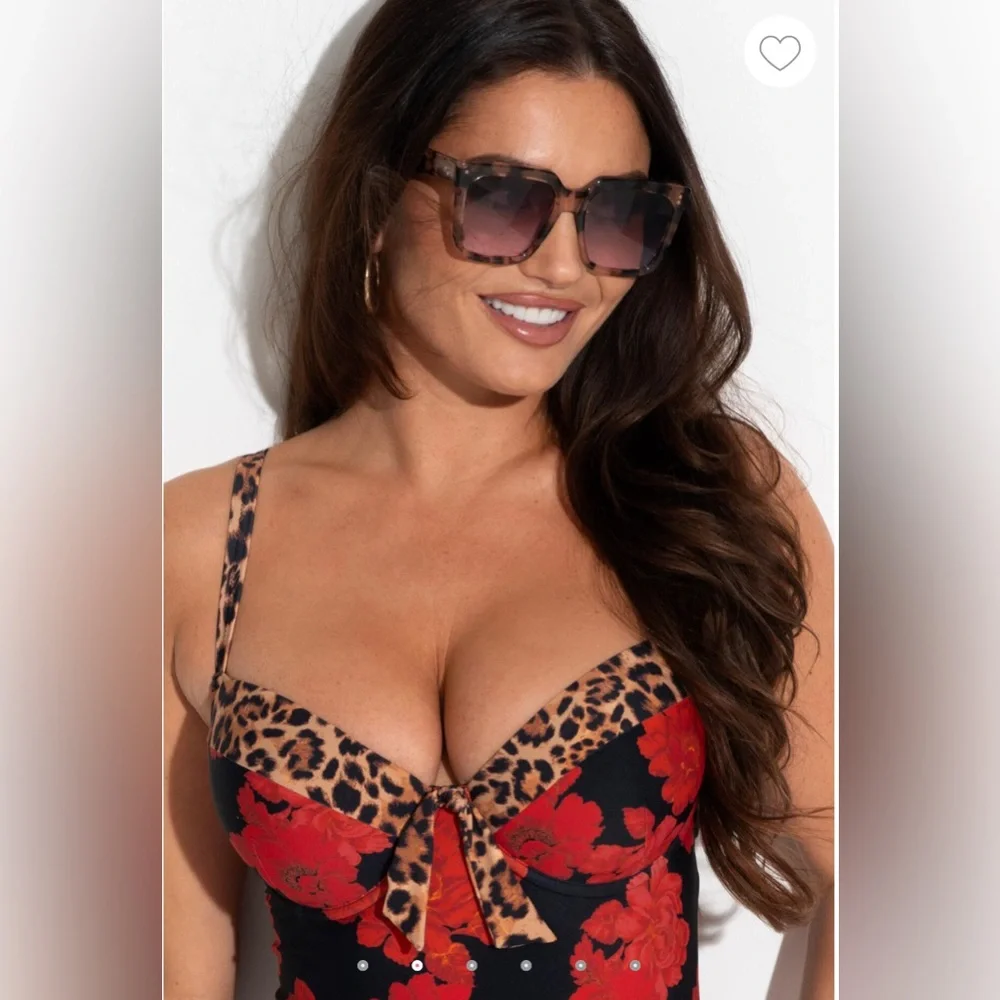Pour Moi St Lucia Red Floral & Leopard Print Underwire Swimsuit Sz 38I NWT - Picture 4 of 11
